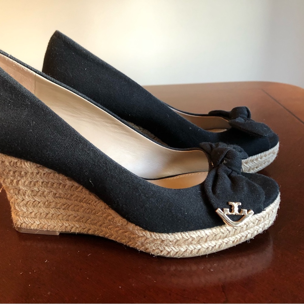 Tory Burch Black Dory 85MM Wedge Espadrille Peep Toe Canvas Shoe Size 8